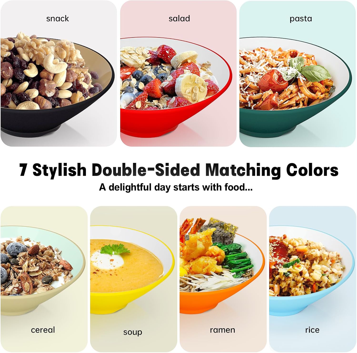 Juego de cuencos de plástico para ramen, 2 juegos de 20 onzas de doble cara a juego con palillos y cucharas para cereales de ensalada, vajilla