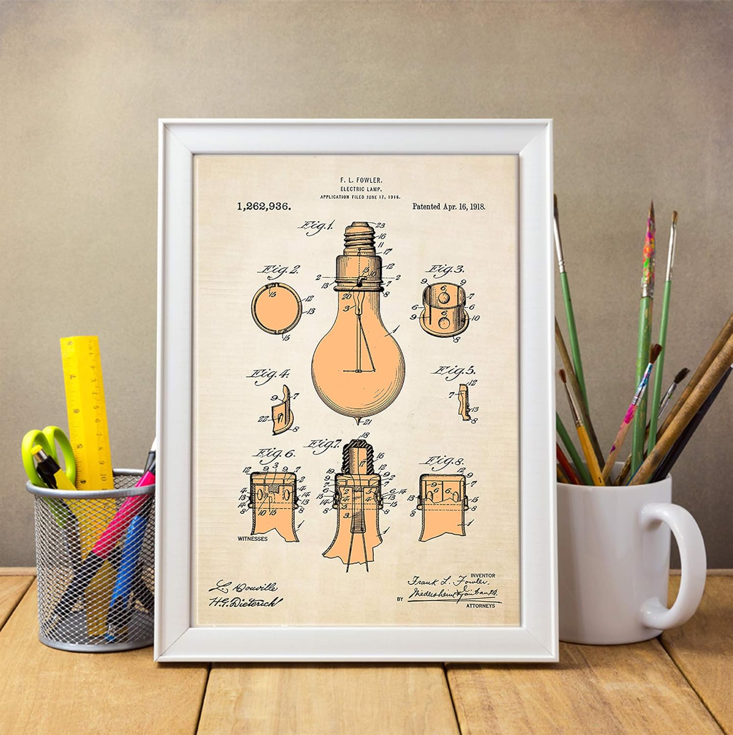 Fowler, estilo pergamino vintage, patente 1918 por Fowler, impresión artística de pared, 11 x 14 pulgadas, gran idea de regalo para ingenieros