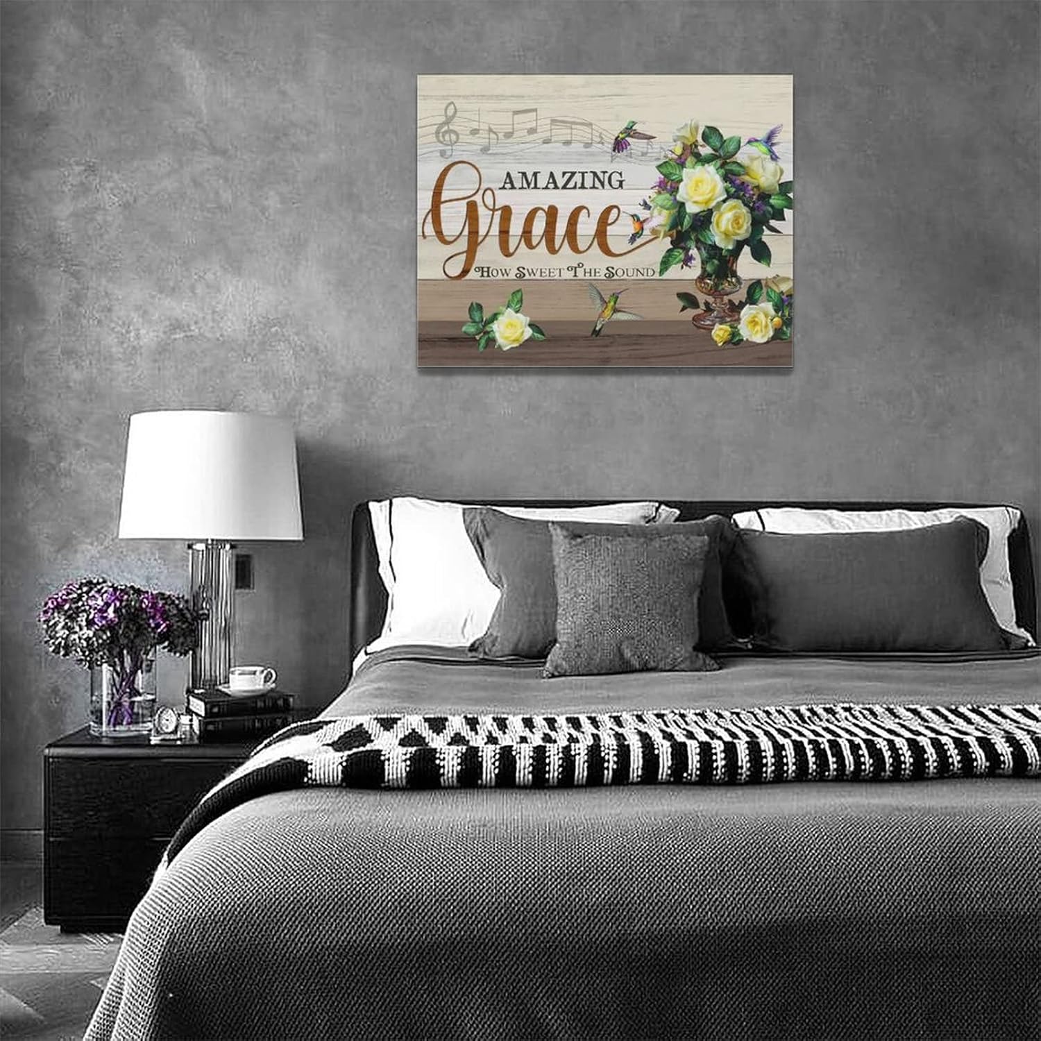 Decoración de pared floral de granja, flores rústicas de colibrí, arte de pared, pintura de gracia increíble, lienzo enmarcado para el hogar, baño,