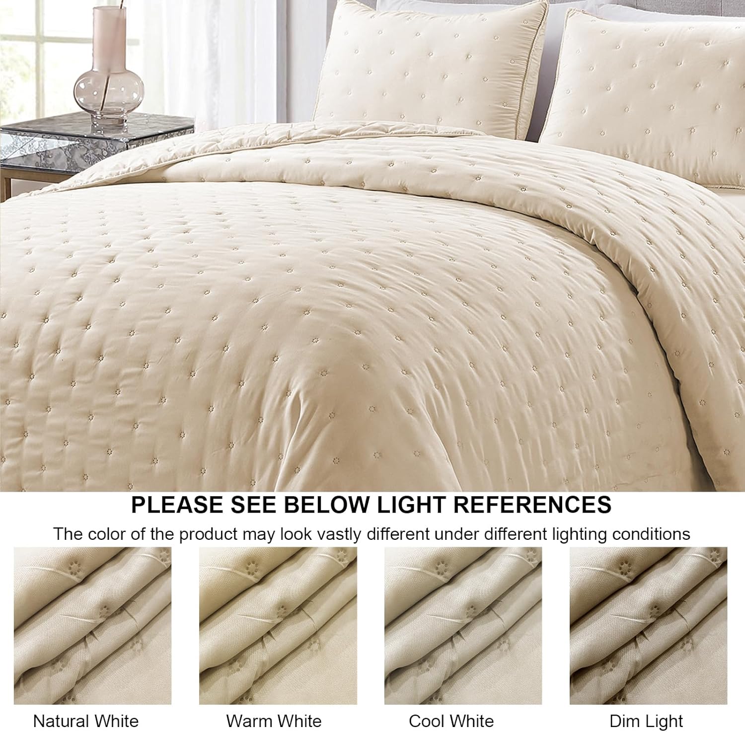 Juego de edredones reversibles tamaño Queen, edredón beige de 3 piezas con fundas de almohada, colcha de microfibra con patrón de puntos, colcha