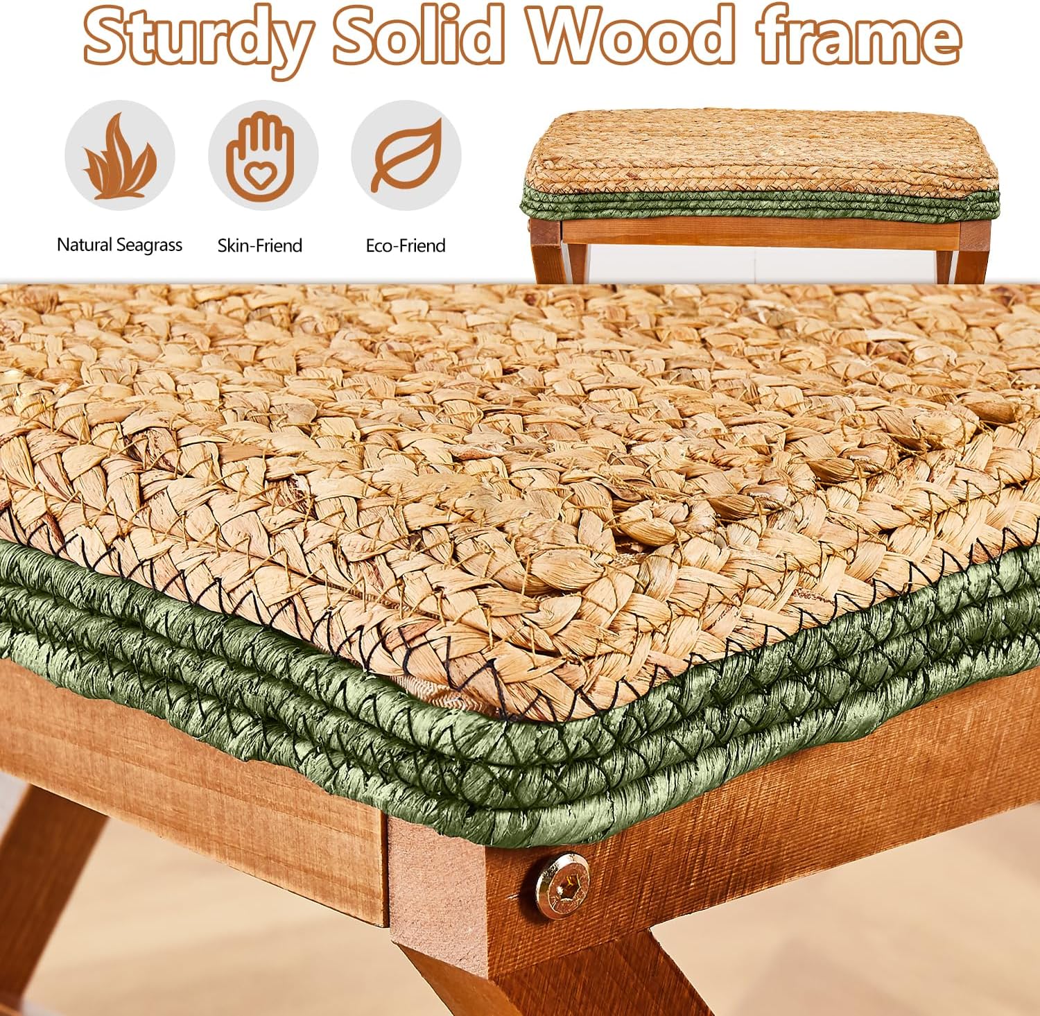 Cpintltr Reposapiés otomano de hierba marina natural, puf otomano con patas de madera, rectangular, tejido a mano, reposapiés para sala de estar,