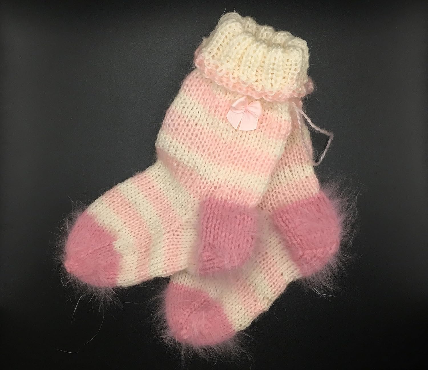 Baby Girl Headband and Matching Socks Booties Set. Handmade of Softest Natural Fibers. Fits 12-18 Months Baby Girl. Pink and White Colors. Designer
