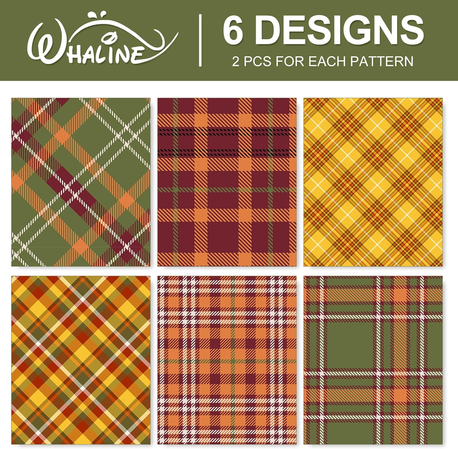 Whaline 12 hojas de papel de regalo de otoño, 6 estilos, papel de embalaje a cuadros amarillo y verde, plegado, papel de manualidades para otoño,