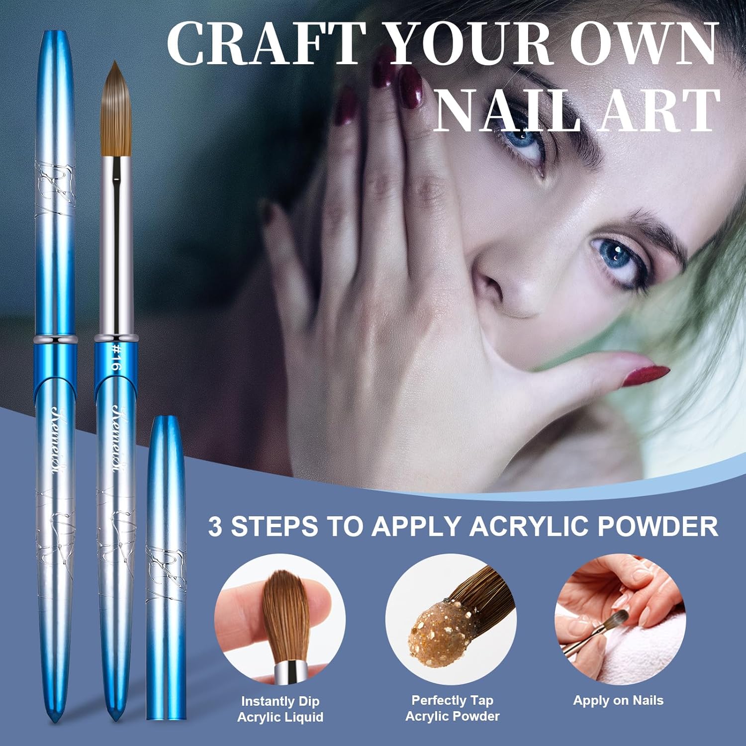 Brocha de uñas acrílicas, tamaño 16, 100% puro, Kolinsky, mango resistente, forma ovalada, herramientas de diseño de uñas en polvo acrílico para