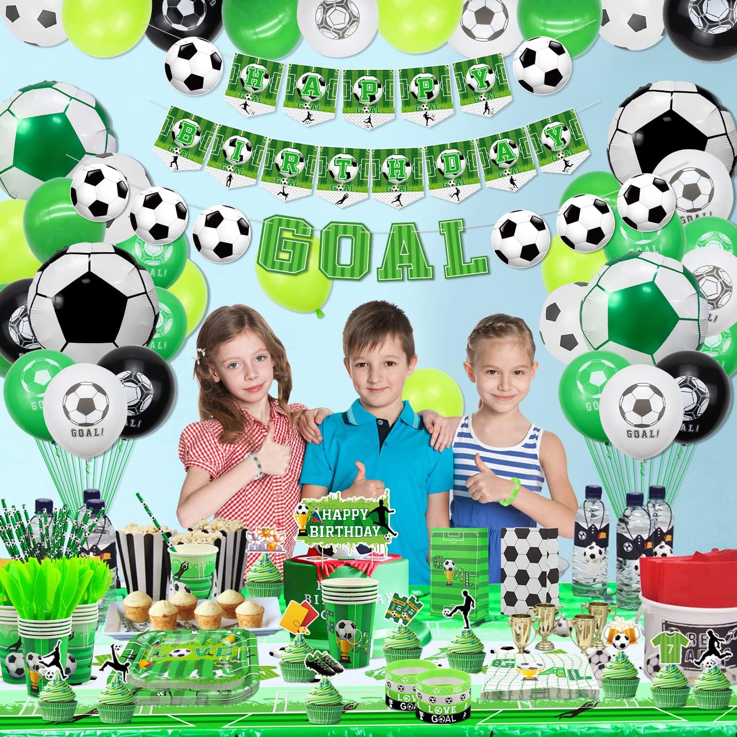 Suministros para fiesta de cumpleaños de fútbol, incluye pancarta de feliz cumpleaños, bolsas de recuerdo de fútbol, pulseras de silicona para