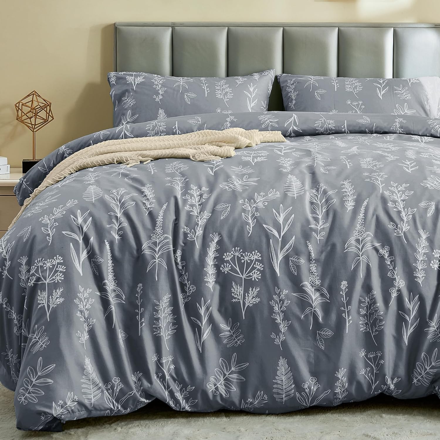 Juego de funda de edredón tamaño King, reversible floral gris con cierre de cremallera, juego de ropa de cama de microfibra suave de 3 piezas con