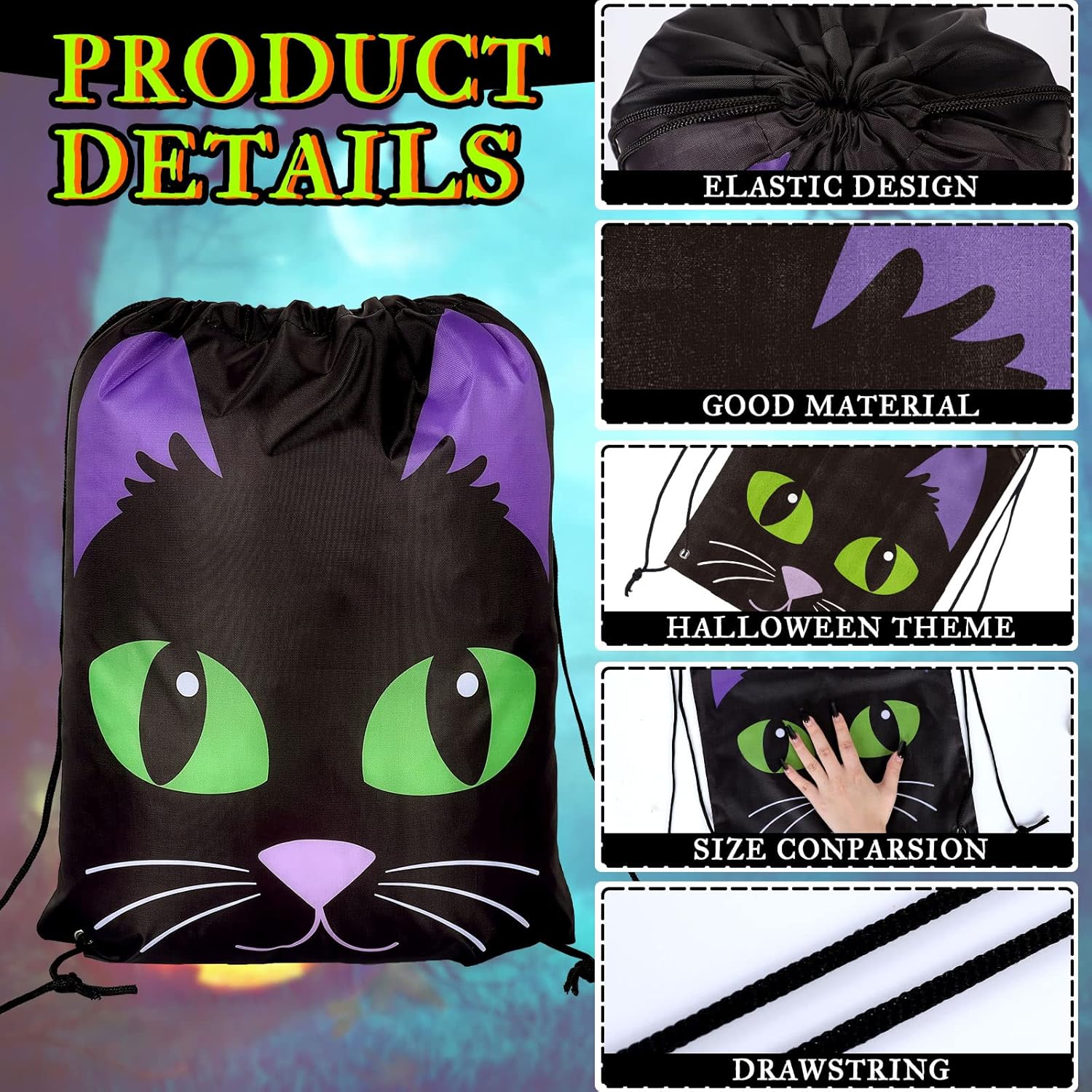 Whaline Paquete de 6 bolsas con cordón de Halloween, diseño de dibujos animados de Halloween, bolsas de regalo reutilizables, mochila de dulce o