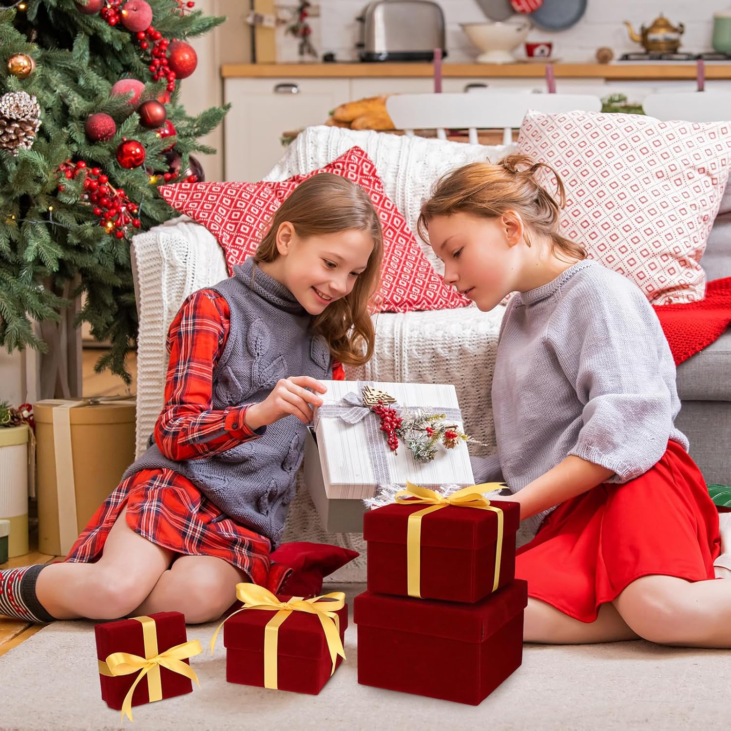 Fulmoon 8 cajas de regalo anidables con tapas, caja de regalo de terciopelo de 4 tamaños, cajas de regalo cuadradas para envolver San Valentín,