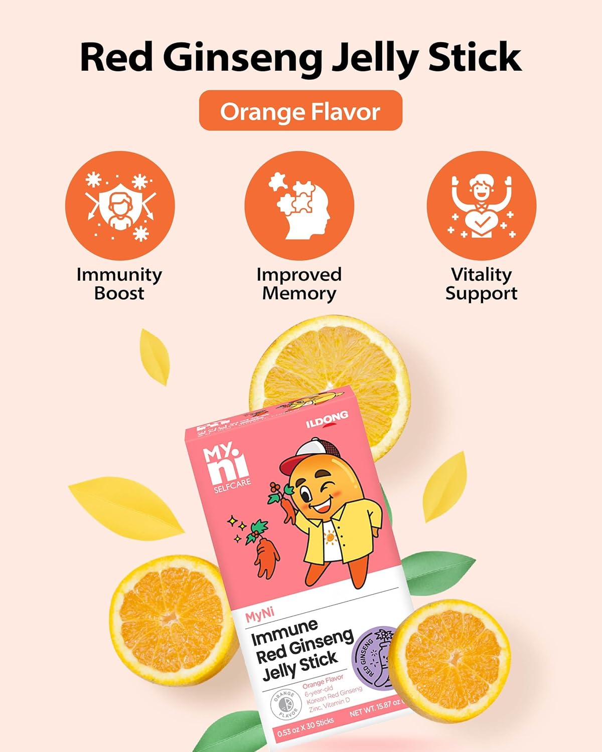 Palito de gelatina coreana Panax Ginseng (sabor naranja, 30 unidades, 15 días)  Suplemento de extracto de ginseng rojo para niños. Impulso de
