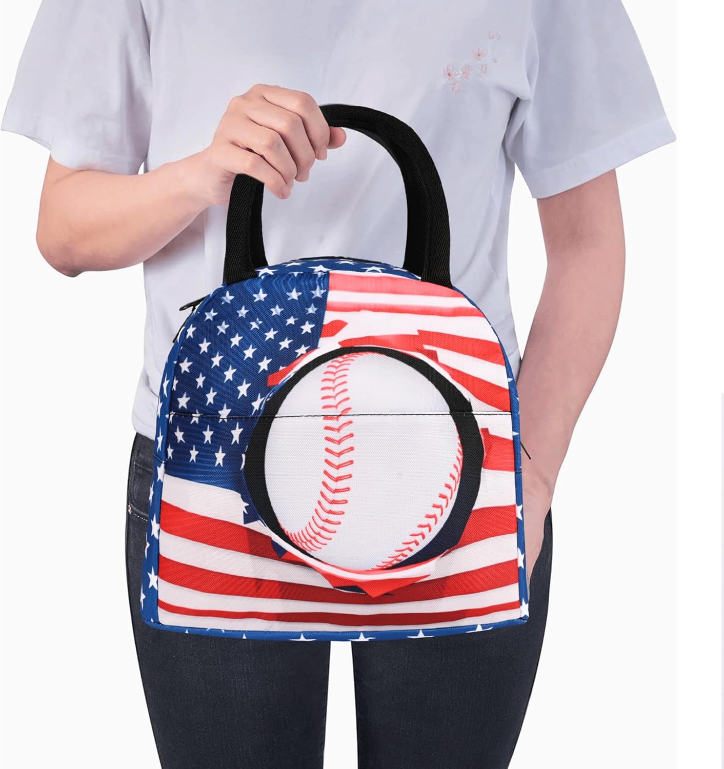 Zhung Ree Lonchera de béisbol para niños y niñas, con la bandera estadounidense, portátil, impermeable, reutilizable y térmica, hielera para el