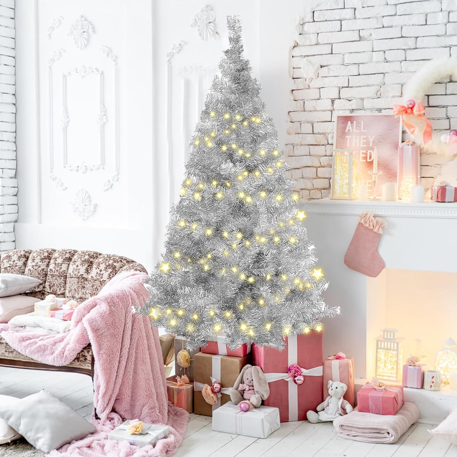 Árbol de Navidad plateado de 5 pies para el hogar, oficina, decoración de fiesta, árbol de Navidad de oropel artificial para Navidad, decoración de