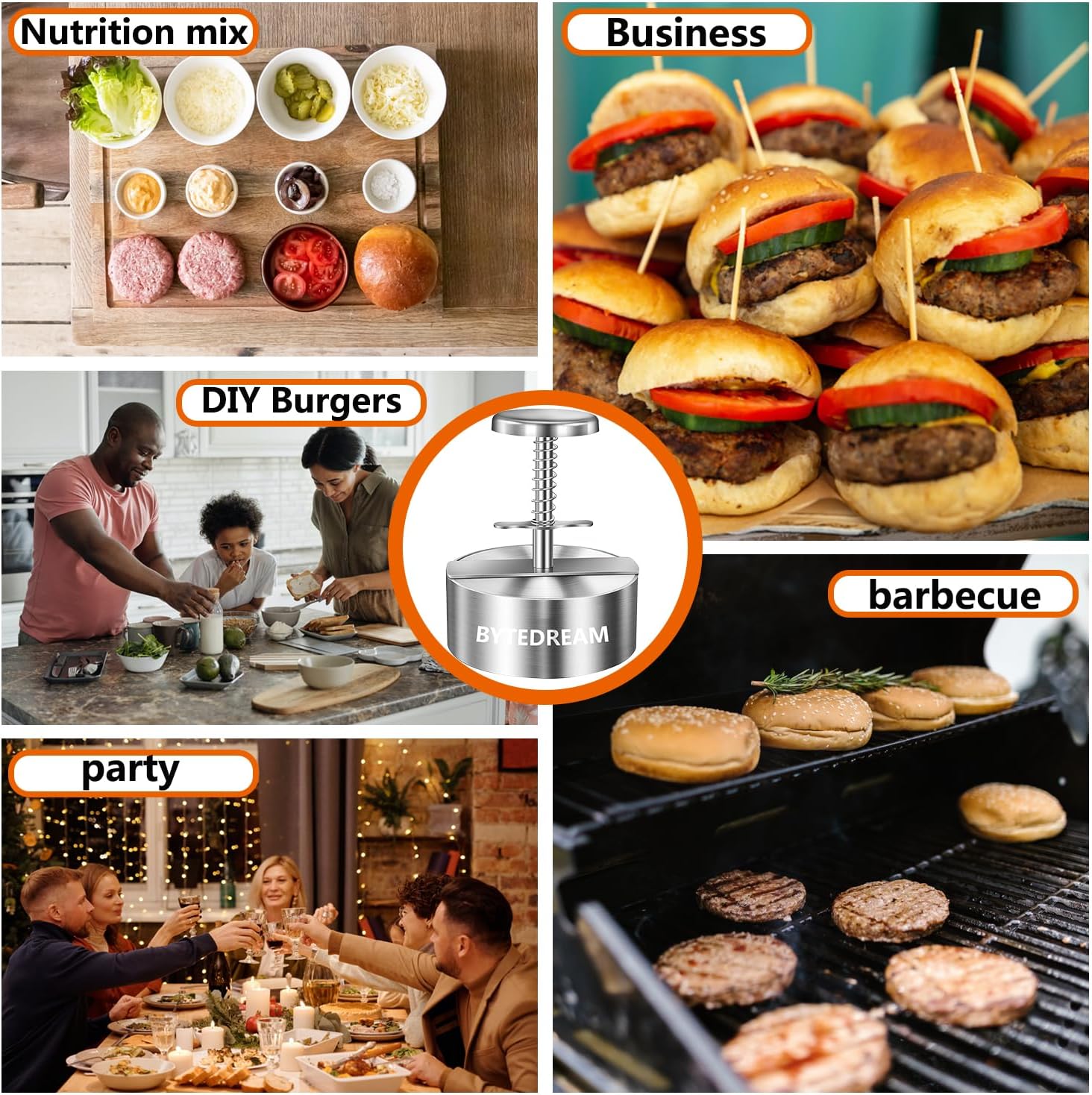 BYTEDREAM Prensa de hamburguesas, molde para hamburguesas de acero inoxidable de grado alimenticio, libre de 100 cortezas de hamburguesas para uso