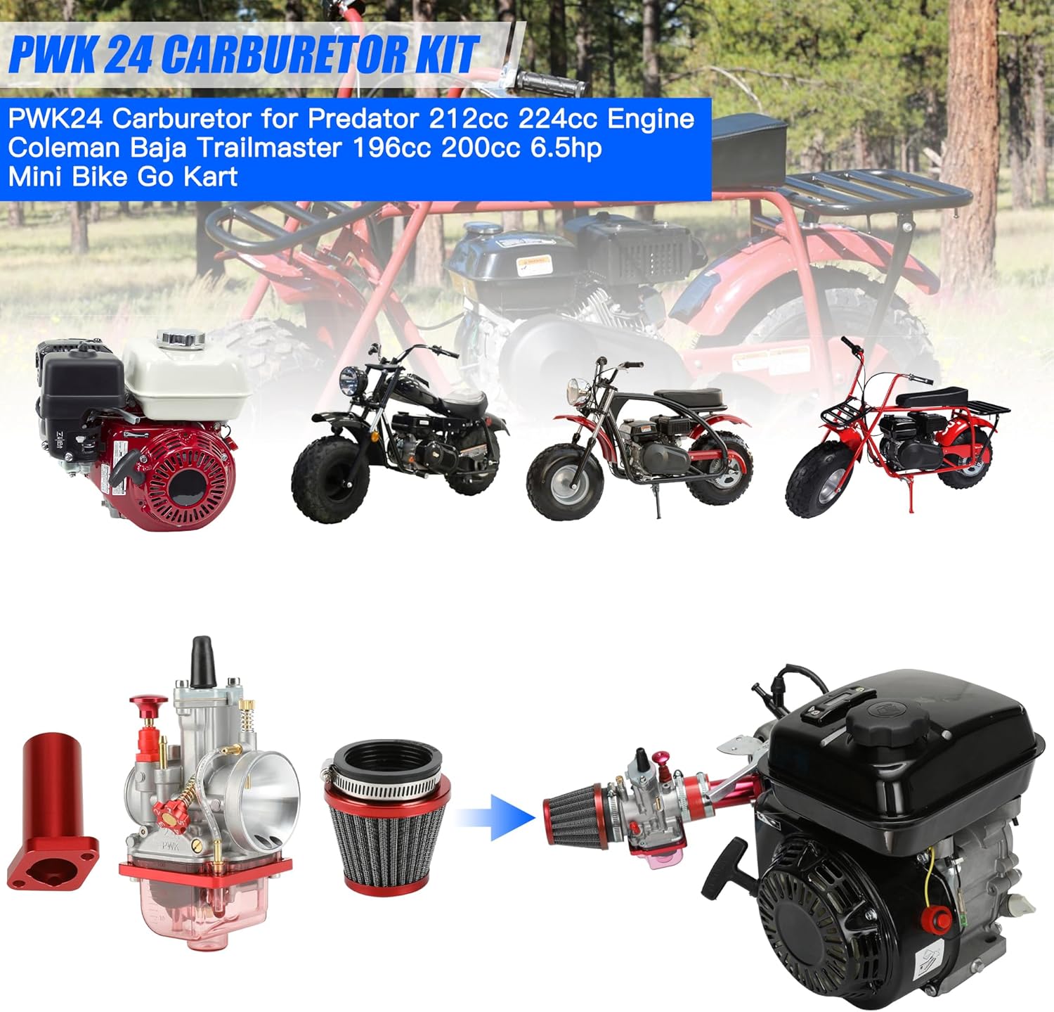 YOXUFA PWK 24 Racing Carburador Tubo de admisión Colector de filtro de aire Kit para Predator 212cc 196cc 200cc 6.5hp motor Coleman CT200U BT200X
