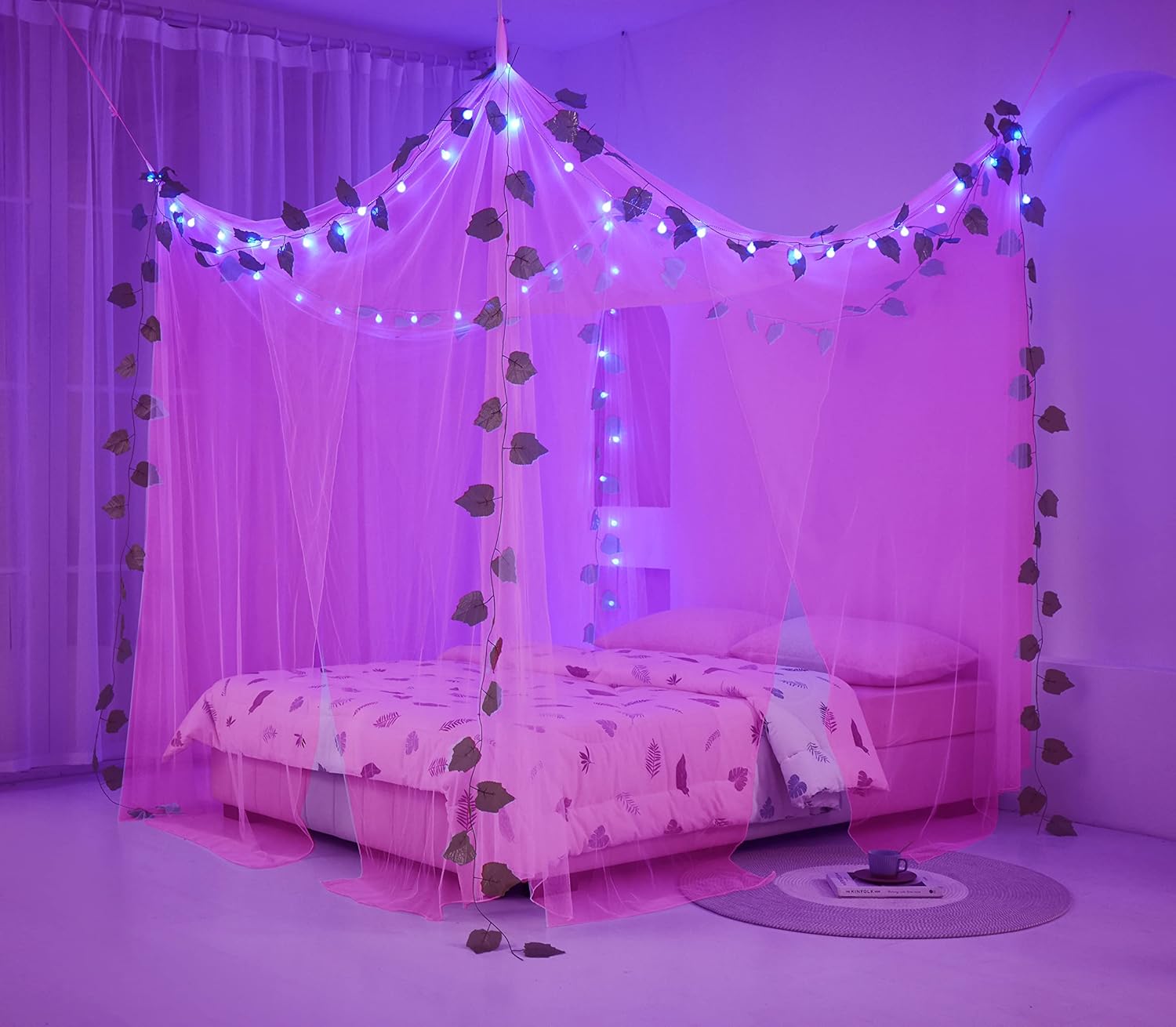 Akiky Cortinas de cama con dosel rosa princesa con luz LED de 16 colores, red de cama con domo para niñas y mujeres con decoración de hojas de vid