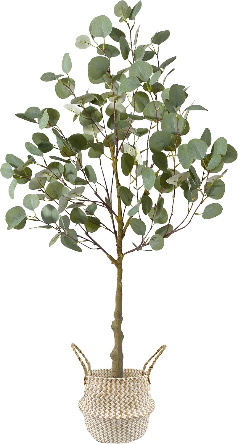 Árbol de eucalipto artificial, planta de eucalipto artificial de 4 pies de alto con canasta, hojas de seda verdes y plateadas, árbol sintético para