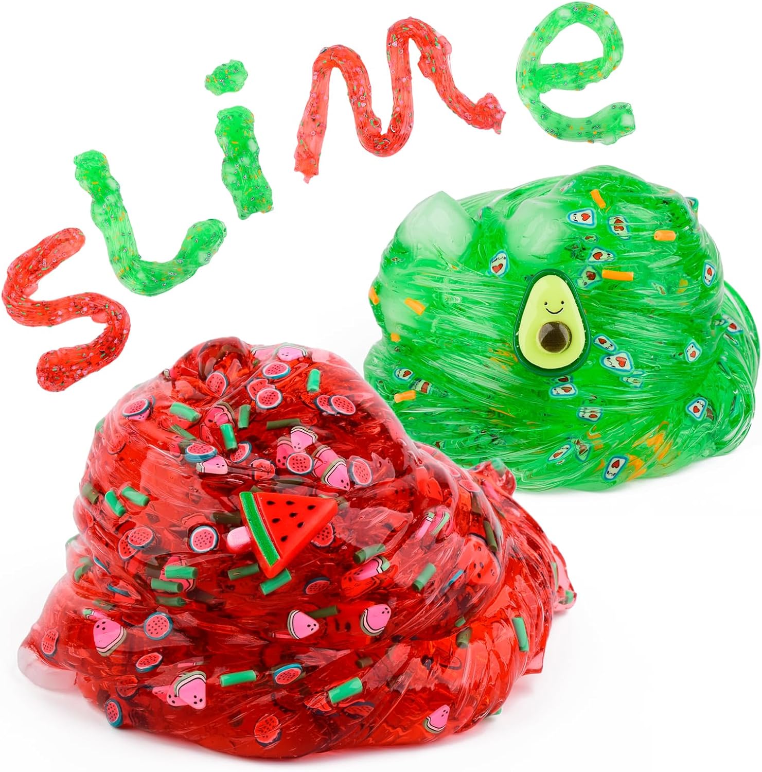 Paquete de 2 slime transparente con cubos de gelatina, juego de limo de cristal verde aguacate rojo sandía, limo transparente crujiente para niños,