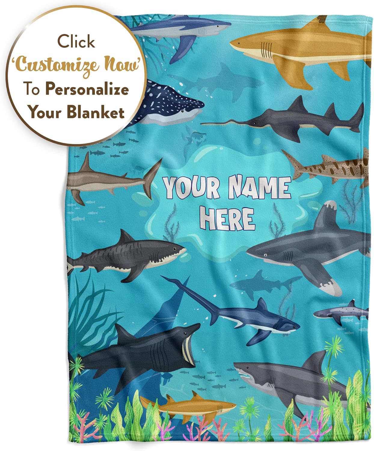 Manta personalizada de tiburón para niños, se envía al día siguiente y fabricada en Estados Unidos, cama de vellón suave, bonita decoración de