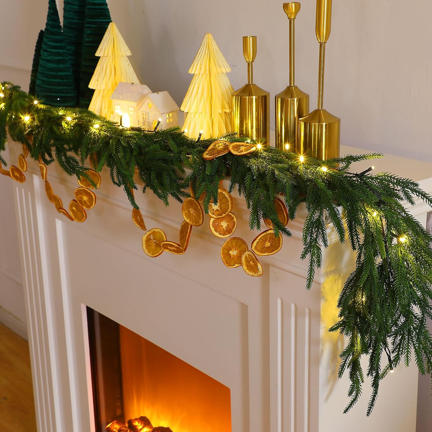 Real Touch Norfolk – Guirnalda de pino sintético, guirnalda de Navidad artificial preiluminada, con luces LED blancas cálidas para Navidad,