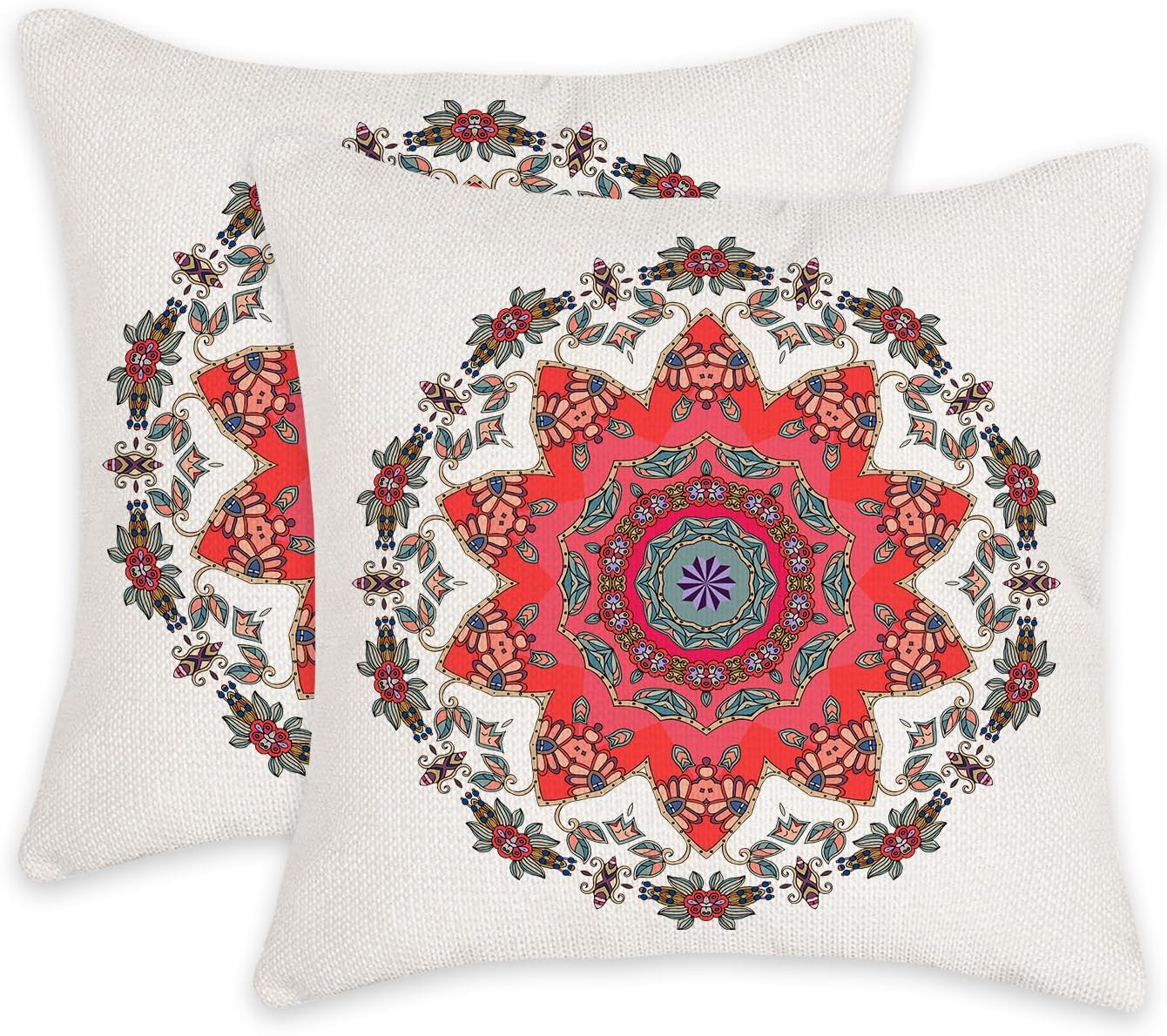 Juego de 2 fundas de almohada de 18 x 18 pulgadas con diseño de flores de mandala sobre fondo blanco, decoración de exteriores, fundas de almohada