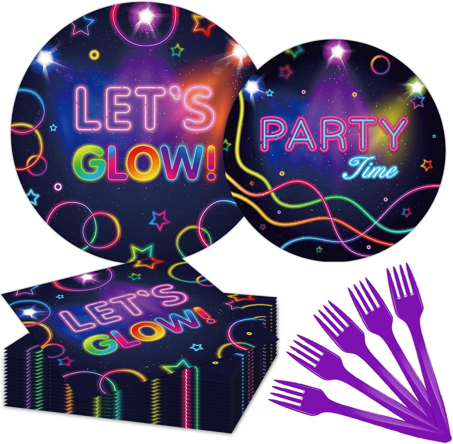 Glow – Juego de vajilla para fiesta de cumpleaños sirve para 24 platos de papel desechables que brillan en la oscuridad de 7 pulgadas, platos de