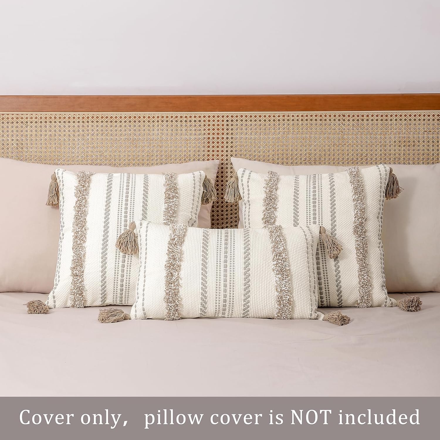 Juego de 2 fundas de almohada decorativas de lino y algodón con borlas, estilo bohemio y copetudo, para cojín lumbar, para sofá y cama, 12 x 20