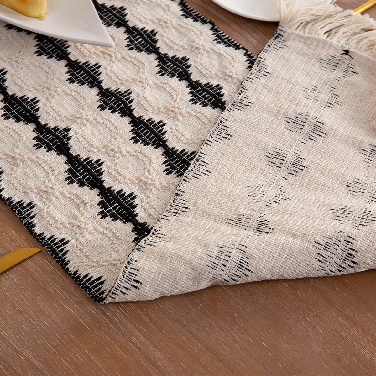 Camino de mesa, moderno camino de mesa de granja, camino de mesa a rayas negras y beige para mesa de comedor rústica bohemia (negrorombosB12x60)
