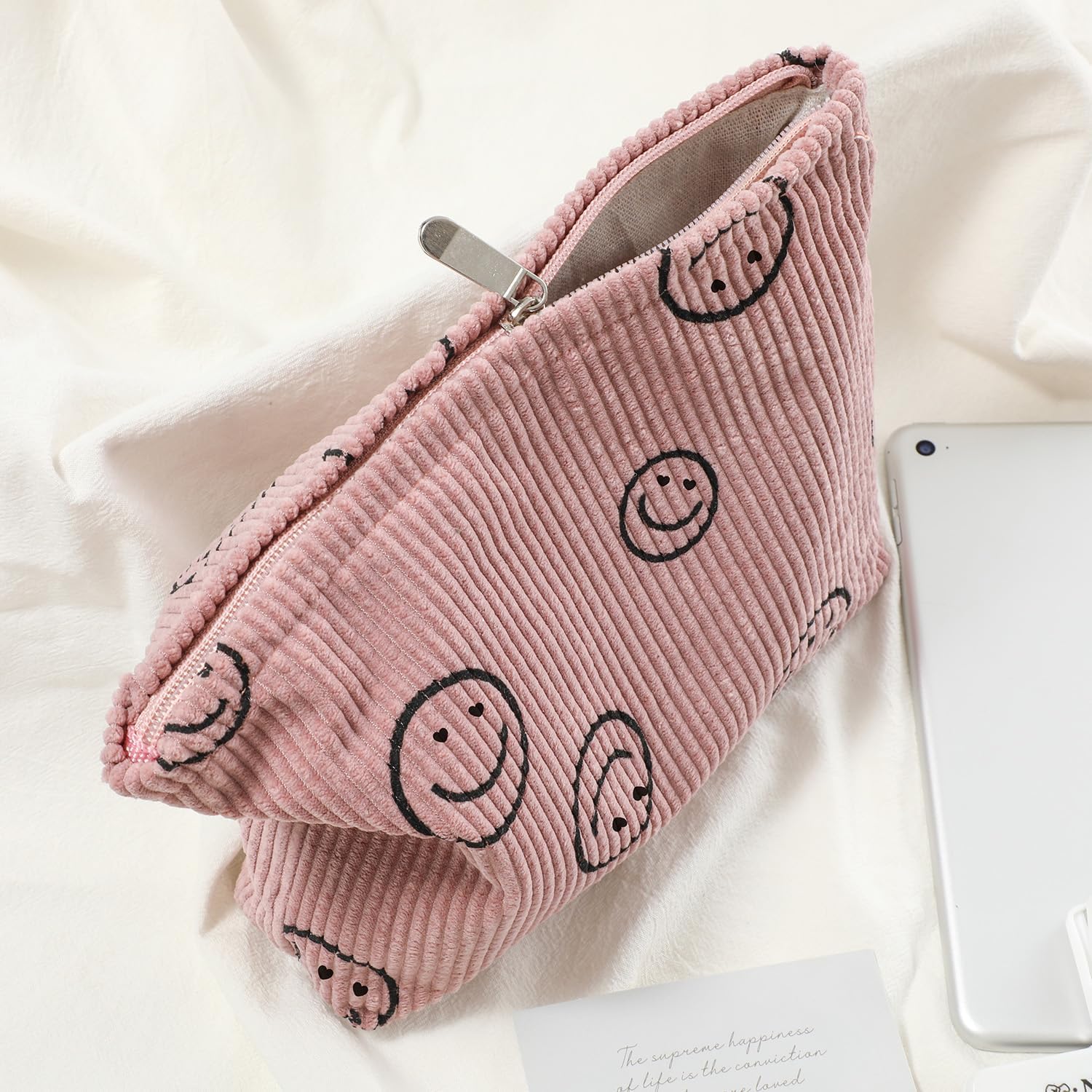 Wudimeitt Bolsa de cosméticos Bolsa de maquillaje Preppy Cute Corduroy Neceser para mujeres esenciales de viaje, Púrpura, Cara de moda