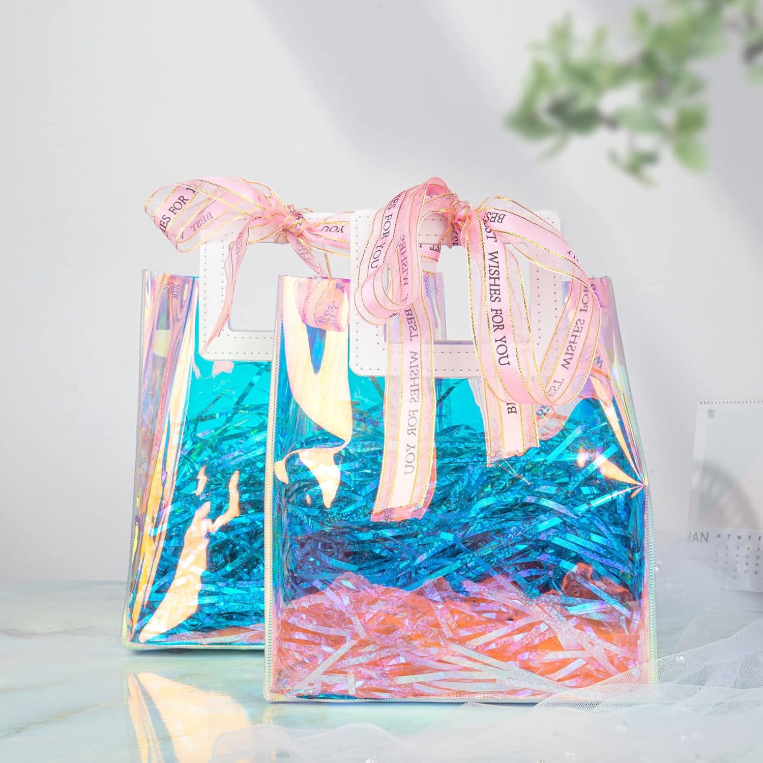 Bolsas de regalo pequeñas holográficas, paquete de 2 unidades de 7.9 x 7.1 x 3.9 pulgadas con asas para mujeres, niñas, cumpleaños, Navidad, regalos