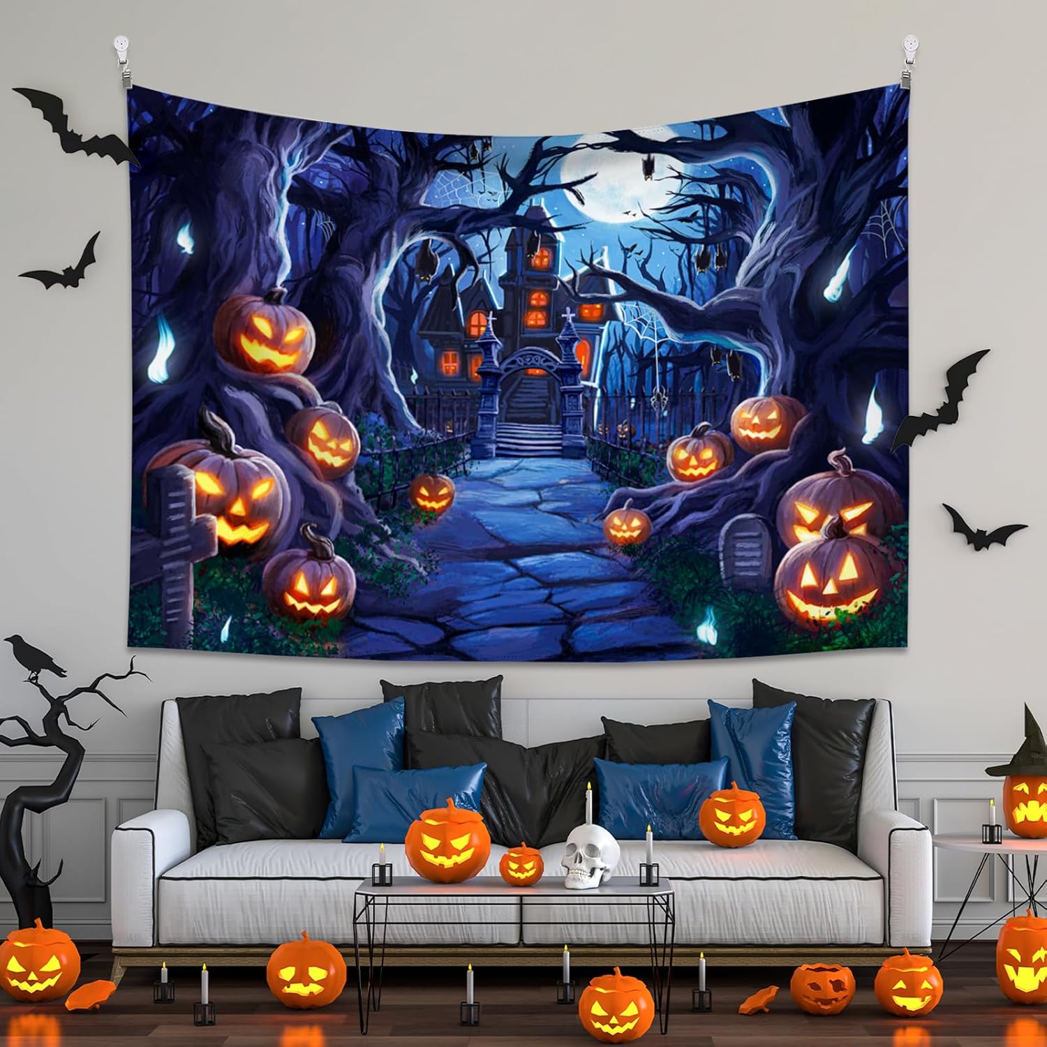 XIAYUEHUA Tapiz de noche de Halloween, tapiz de calabaza para colgar en la pared, tapiz espeluznante de casa embrujada, tapiz de bosque brumoso,