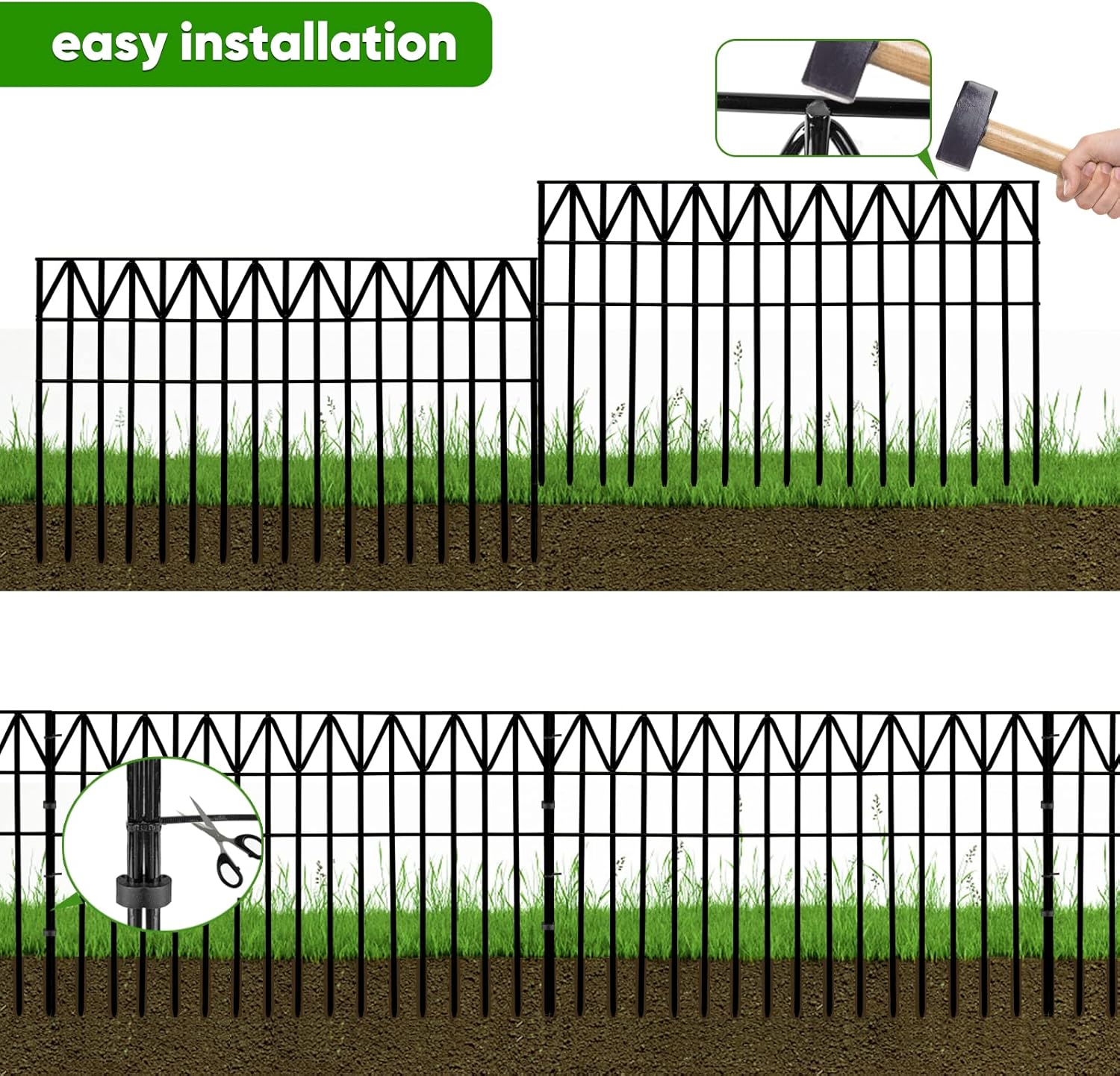 Valla de barrera de animales sin excavación, 5 unidades de valla de jardín de metal inoxidable negro para exteriores, valla de jardín decorativa