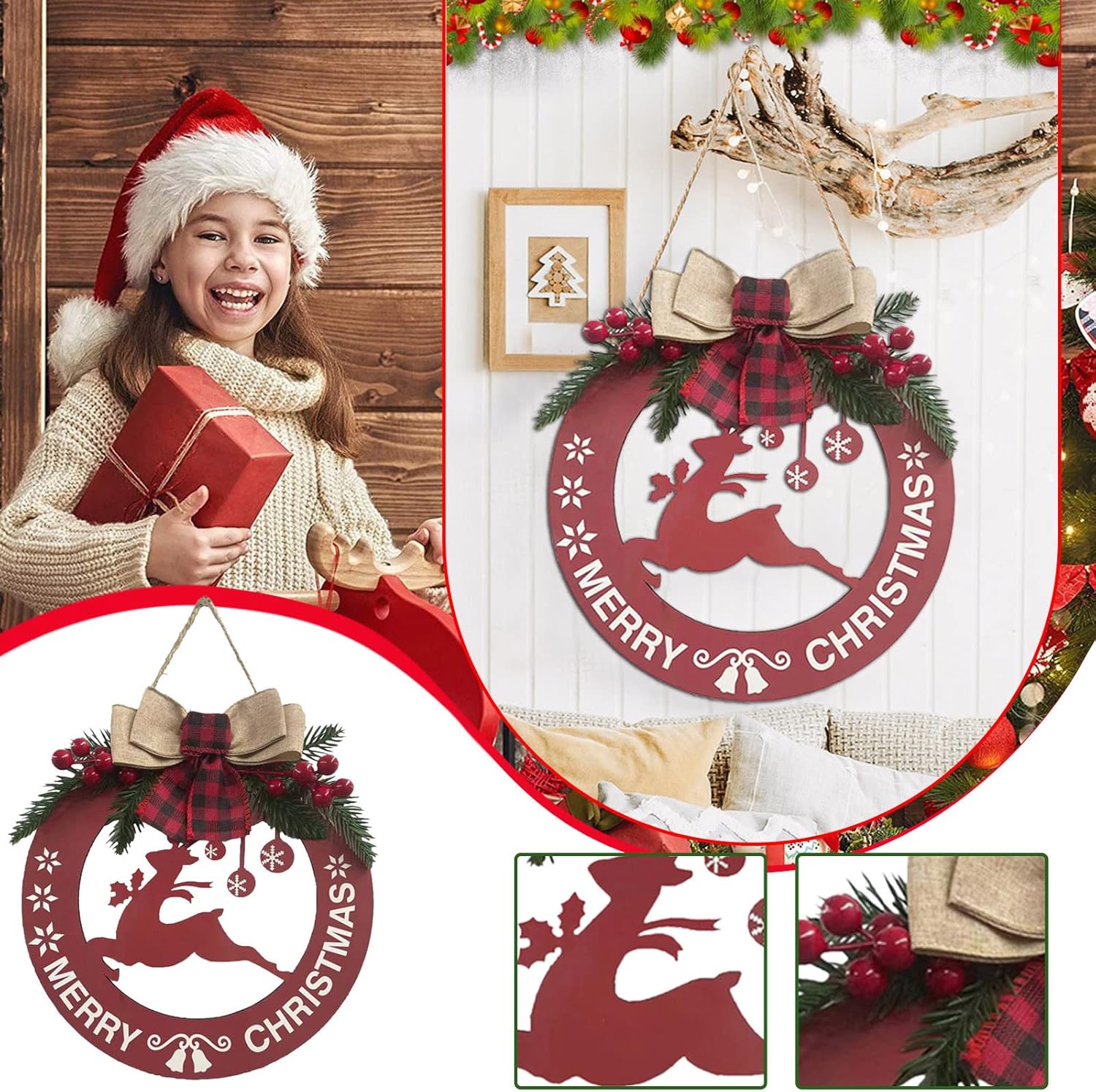 FRAKYEN Corona de Navidad de madera con nudos de lazo para pared interior exterior, ventana, festival, Acción de Gracias, otoño, decoración de otoño