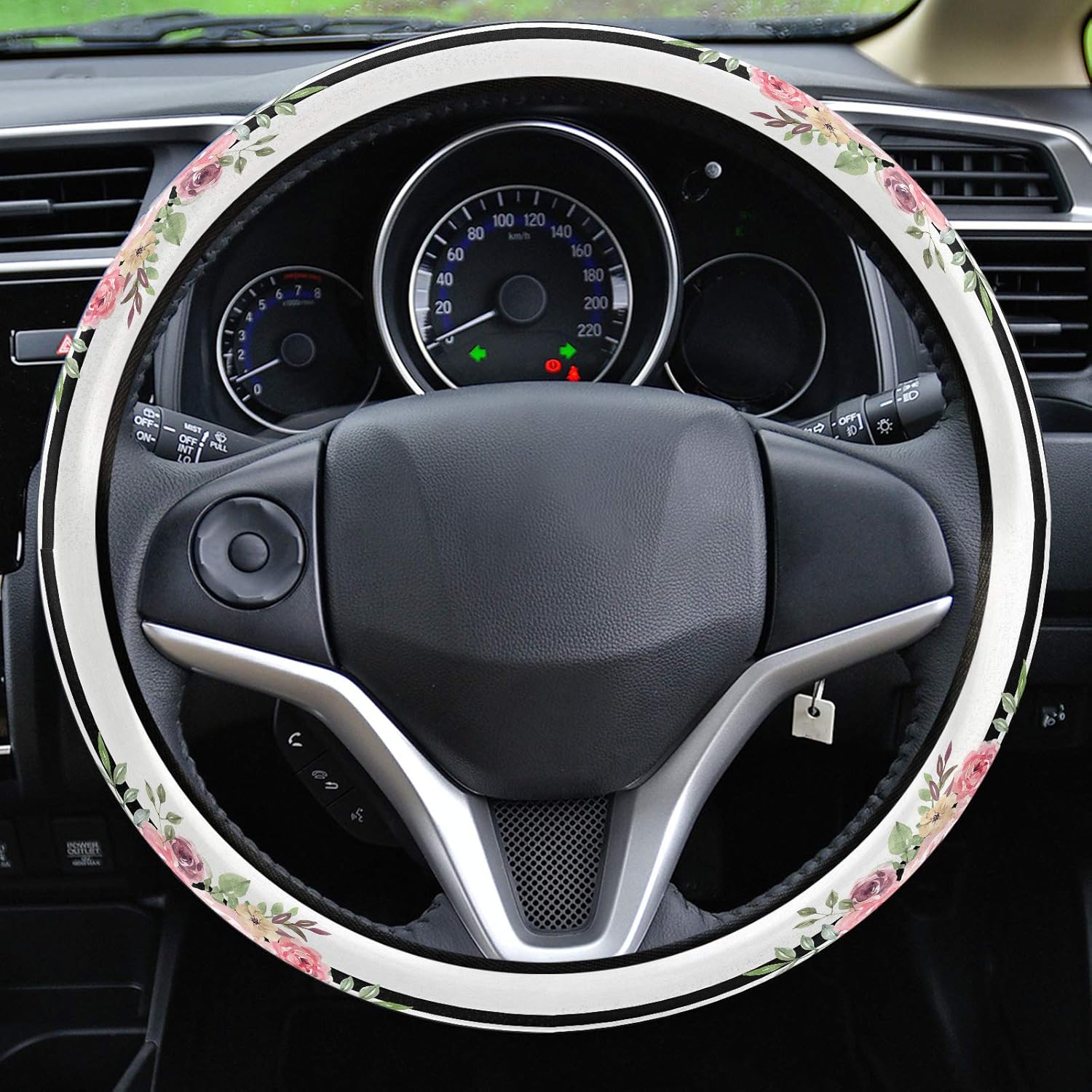 Car Steering Wheel Cover, Florals Black White Stripes Flower Elastic Stretch Sponge Steering Wheels Protective Cover for Vehicles Trucks SUVs