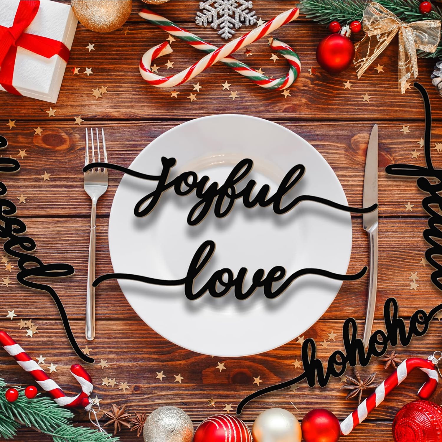 BORAMDO Letrero de pared de madera de Navidad, 12 piezas, recortes de palabras de madera para decoración del hogar, placa de mesa, adornos rústicos,
