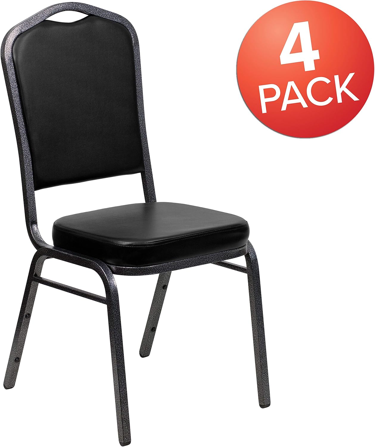 BizChair Paquete de 4 sillas apilables para banquetes con respaldo de corona en vinilo negro, marco de vena plateada