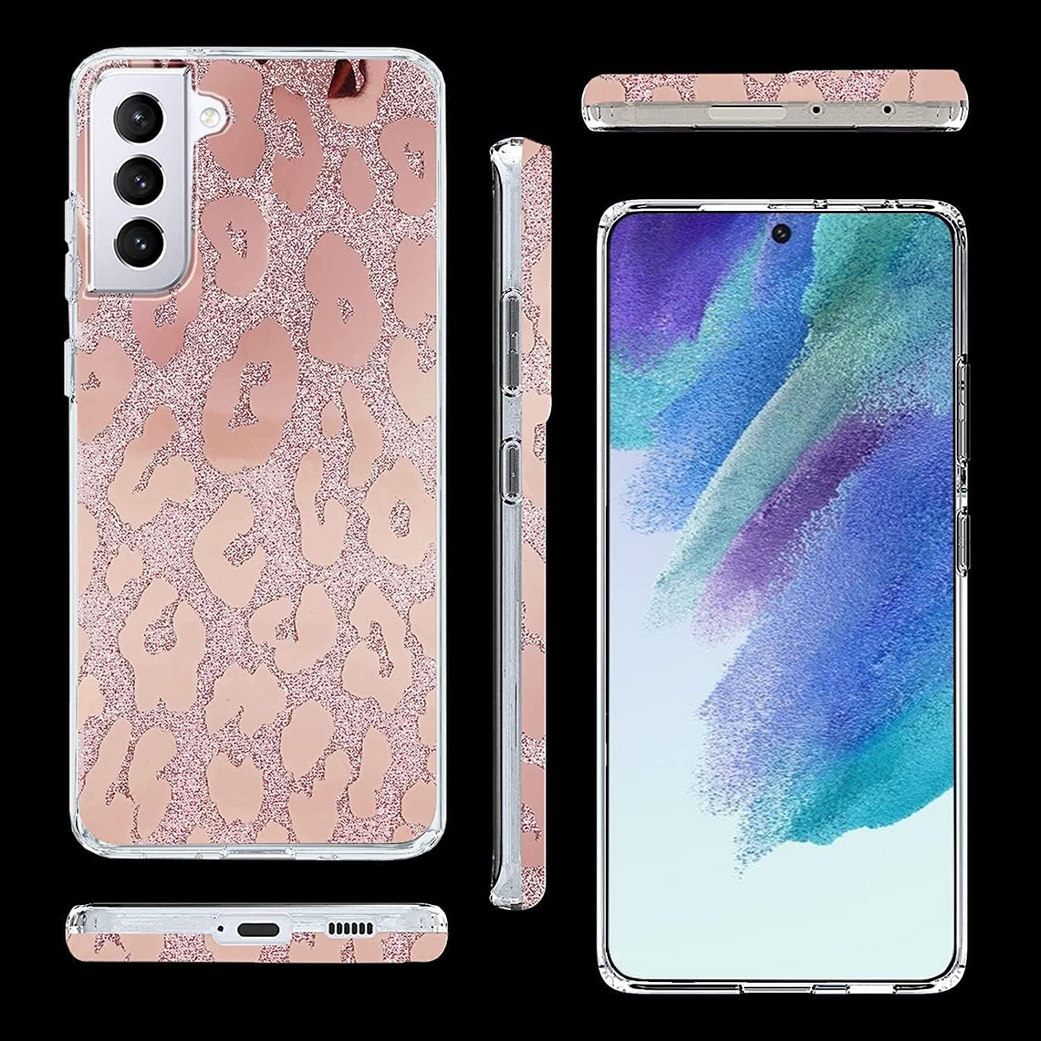 J.west Funda para Samsung Galaxy S21 FE 0.18 oz 6.4 pulgadas, diseño de lujo Saprkle Bling Glitter Leopard Print Design Soft Metallic Slim