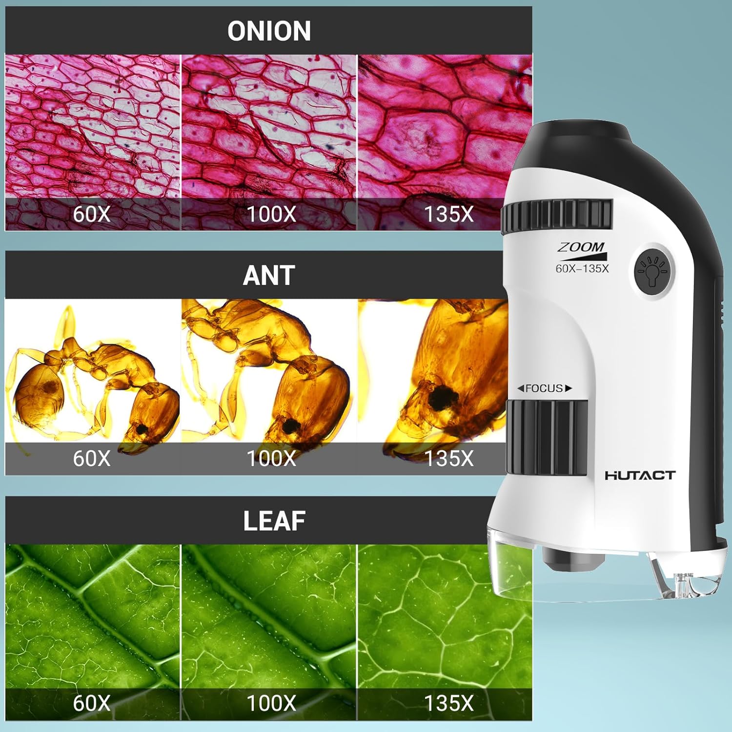 HUTACT Microscopio de bolsillo para niños, mini microscopio portátil 60X-135X con 5 diapositivas de microscopio, microscopio de mano para niños