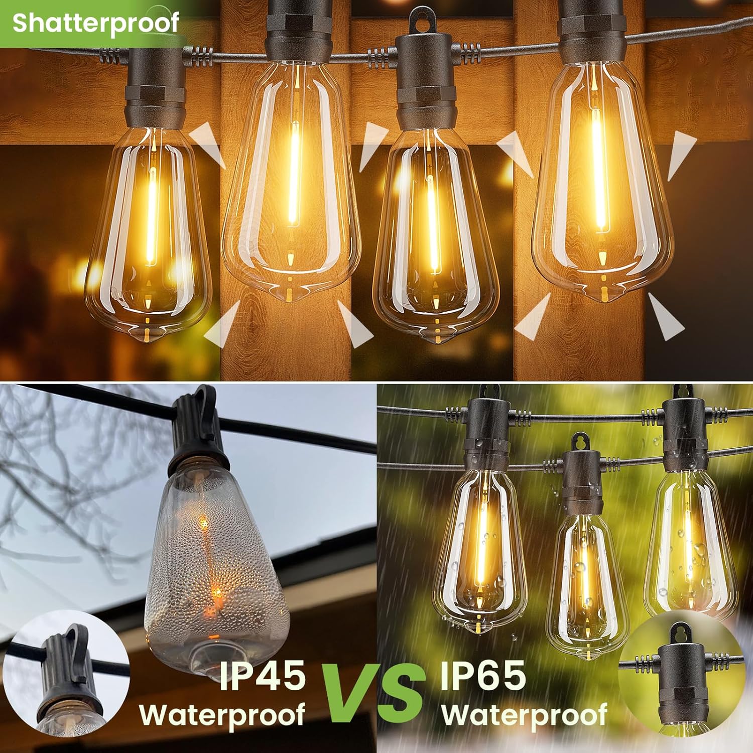 Guirnalda de luces para exteriores de 150 pies con control remoto, tira de luces LED para patio con bombillas ST38 vintage inastillables, IP65