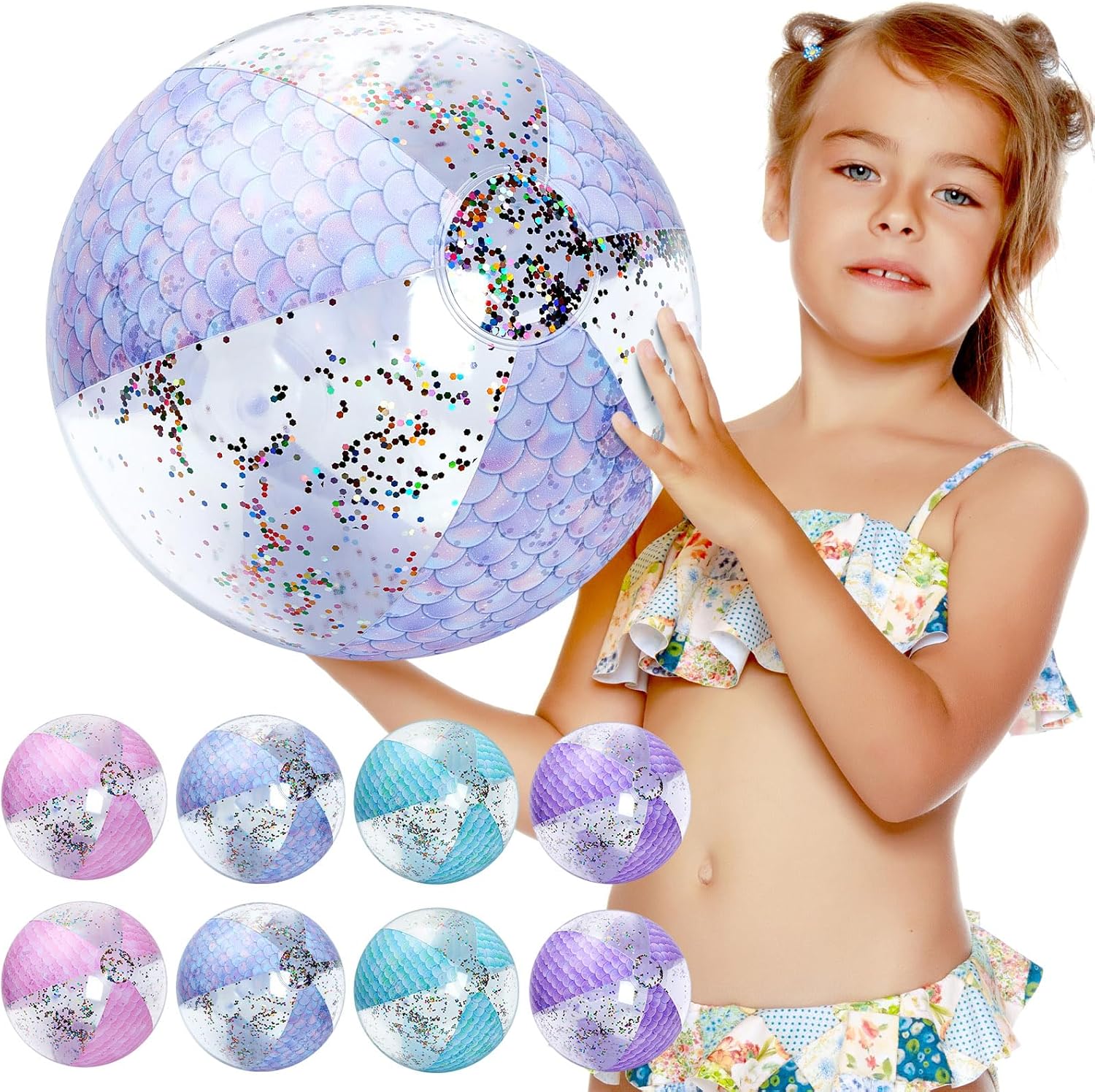 Honoson Bola de playa de sirena de 12 pulgadas, bola de playa inflable gigante con purpurina, bola de playa con purpurina, regalos de fiesta de