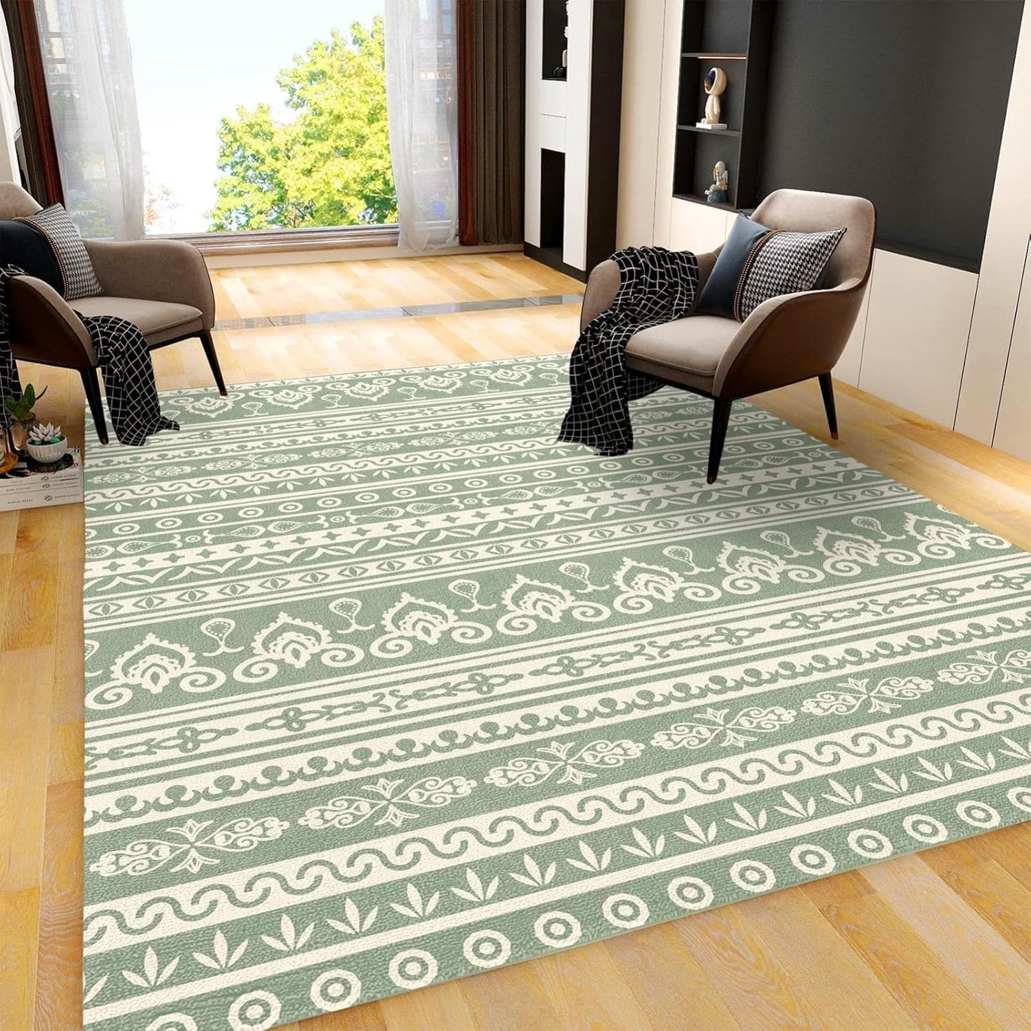 Alfombra verde bohemia, alfombra tribal con estampado de rayas de damasco salvia, alfombra antideslizante para interiores, lavable a máquina,