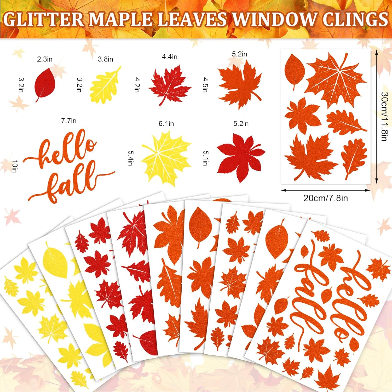 Whaline 105 calcomanías de ventana de hojas de arce con purpurina de otoño, coloridas calcomanías de ventana de doble cara para otoño, cosecha de