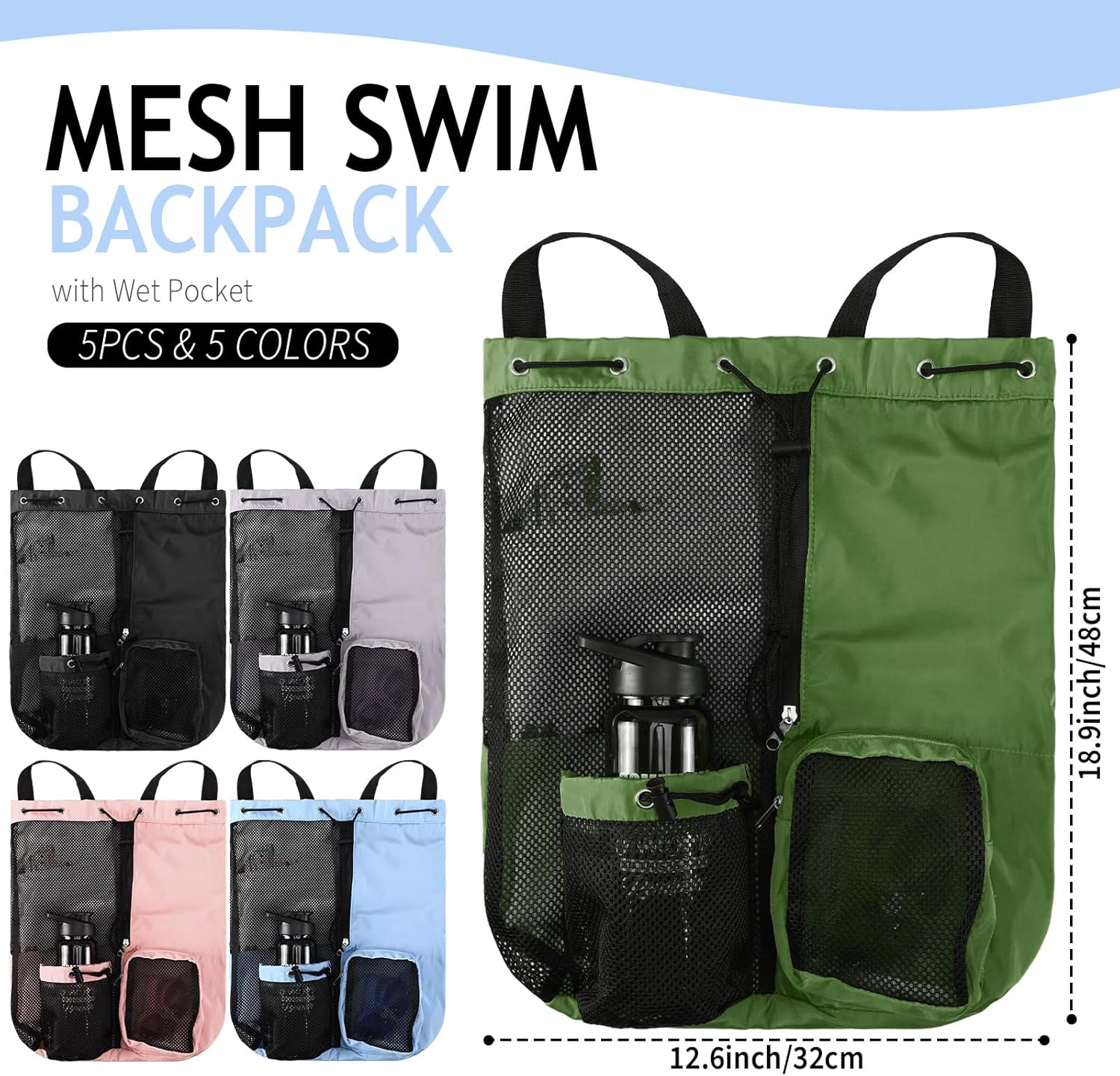 Mochila de malla con cordón de 5 piezas, con bolsillo húmedo, bolsa de gimnasio de malla ligera, mochila de playa para mujeres y hombres, piscina,