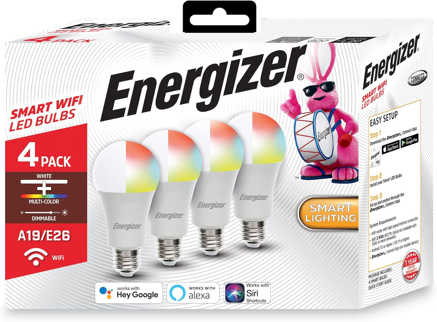 Energizer Connect Smart A19 LED blanco y multicolor RGB bombilla con control de voz y acceso remoto a través de tu teléfono inteligente  Compatible