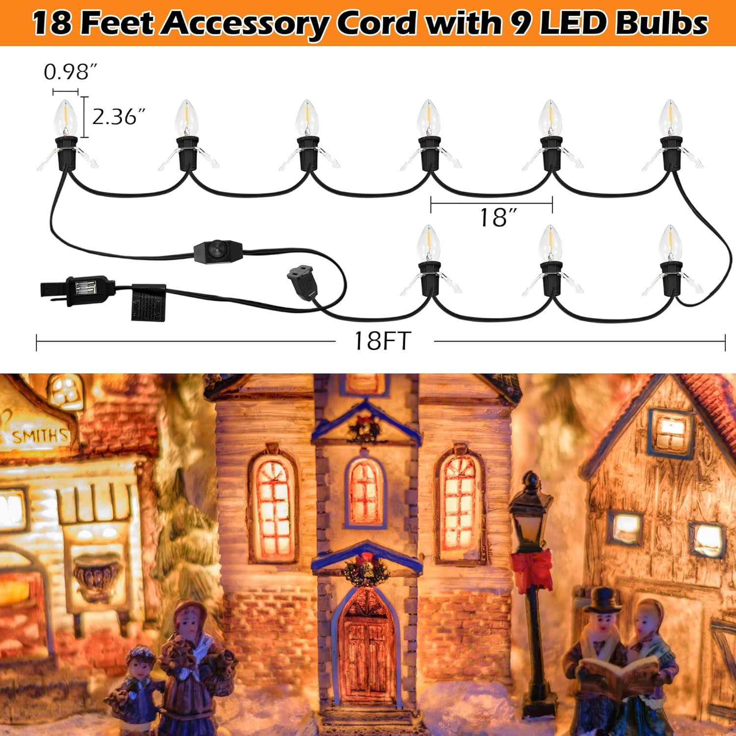Meonum Cable accesorio con 9 bombillas LED, cable de luces de pueblo navideño de 18 pies con interruptor de atenuación, luces de molde de soplado C7