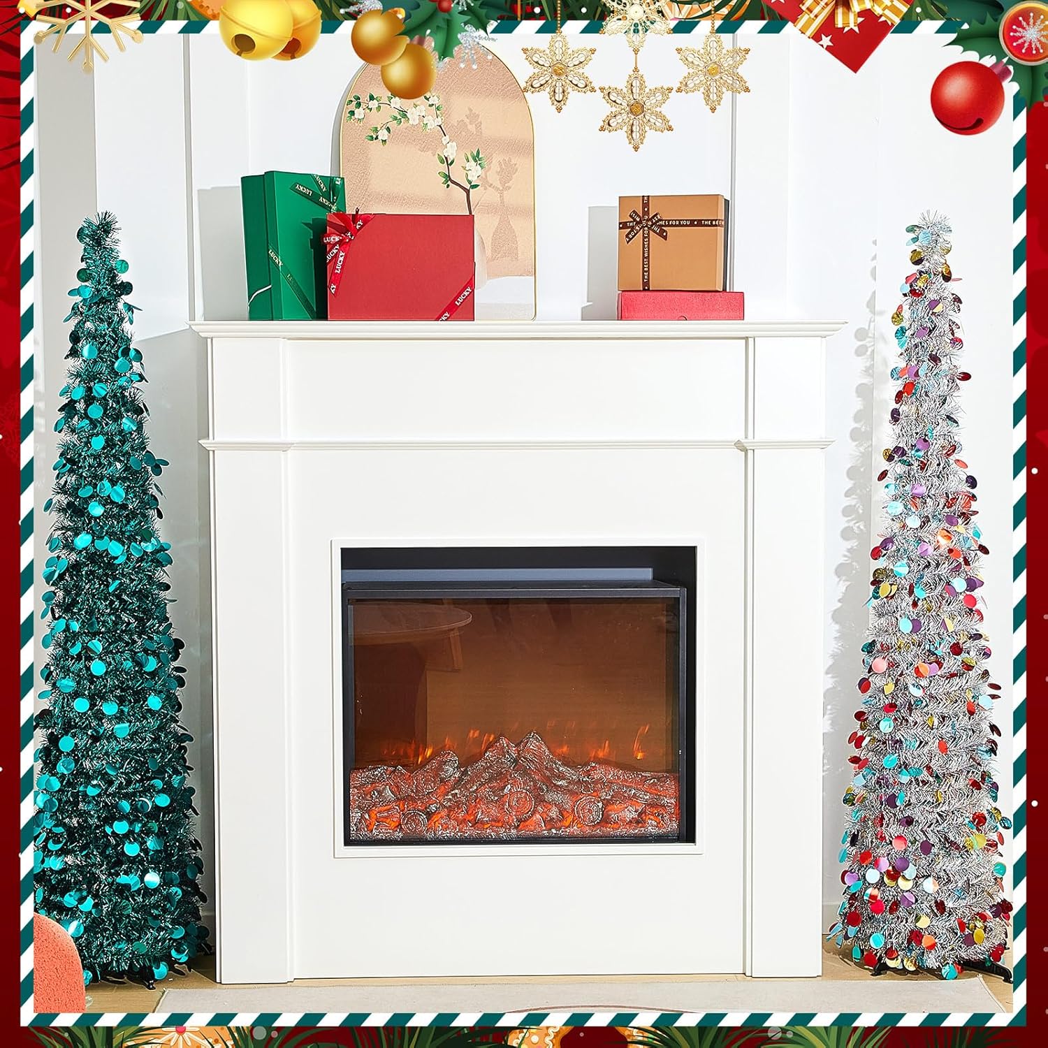 Shappy 2 árboles de Navidad plegables de 5 pies, árbol de Navidad artificial de oropel para decoración del hogar, oficina, interior, dormitorio,