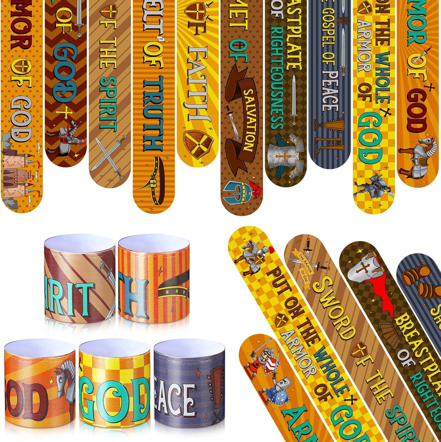 Frienda 40 pulseras de caballero bofetadas para niños, pulseras de bofetadas temáticas medievales a granel para fiestas, pulseras religiosas de