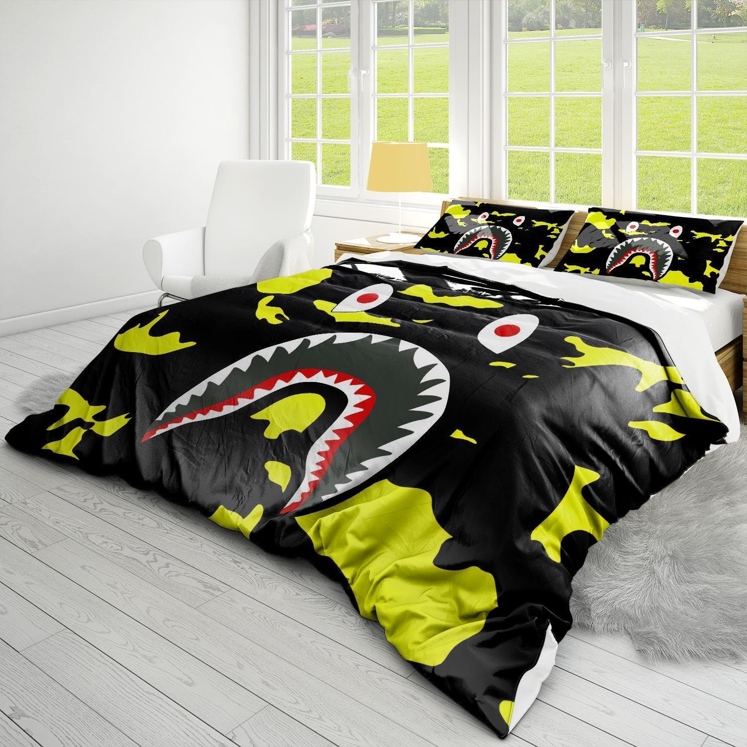 Juego de funda de edredón de tiburón camuflaje con estampado 3D para decoración de habitación, juego de ropa de cama supersuave de 3 piezas (1 funda