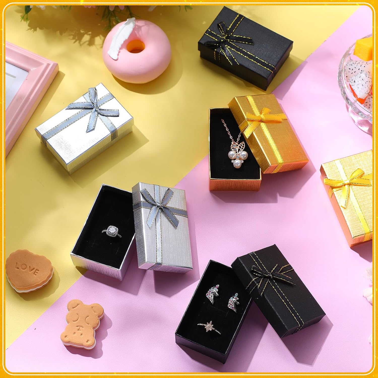Caja de regalo de joyería, pequeñas cajas de regalo vacías, cajas de joyería de embalaje a granel, cajas de cartón con lazo para anillos, collares,