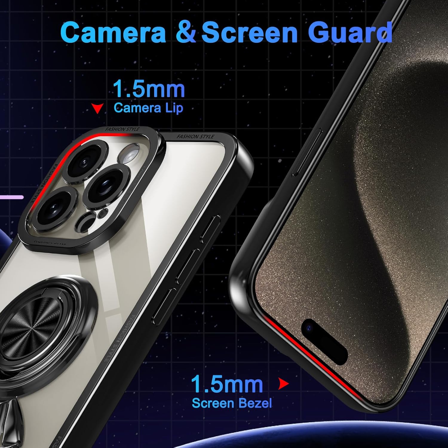 LONTECT Funda para iPhone 15 Pro, a prueba de golpes, protección de cuerpo completo, soporte de anillo de astronautas, delgada, transparente,