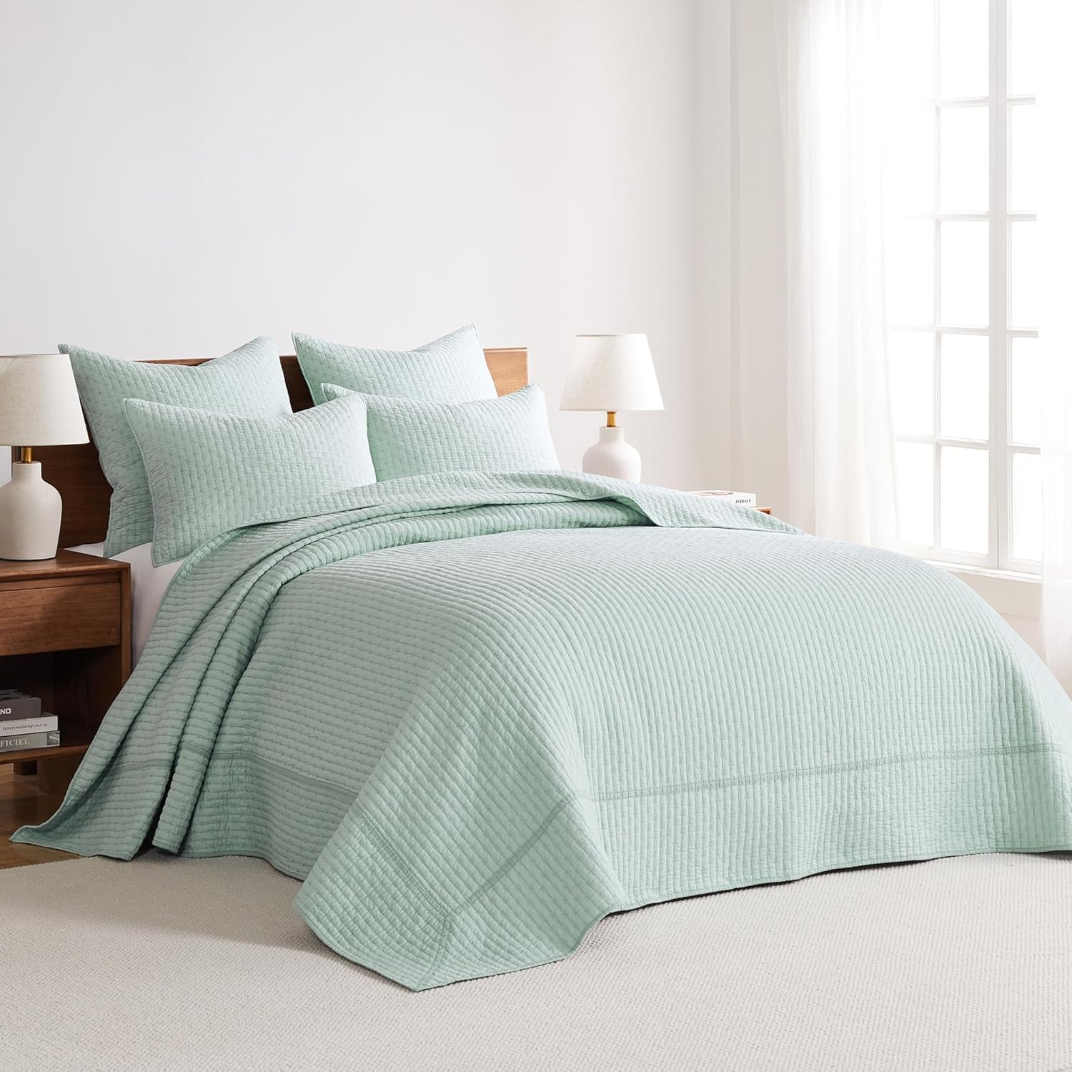 Levtex Home – Juego de colcha de punto de cruz azul neblina – Colcha Queen y dos fundas estándar – Patrón de punto de cruz – Colcha (104 x 106