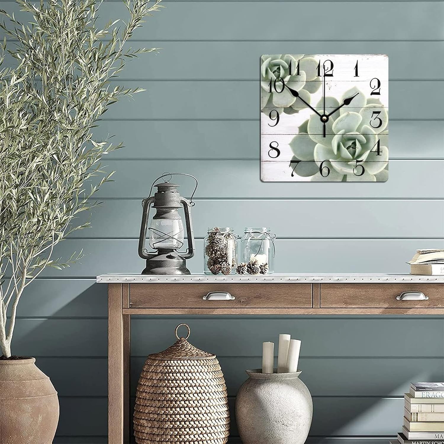 Reloj de pared cuadrado de madera con plantas suculentas, duradero, funciona con pilas, reloj de pared de madera antigua para dormitorio, cocina,